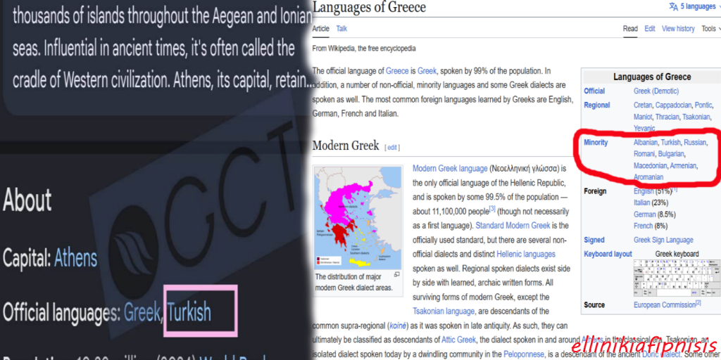 Η Google κατέταξε τα τουρκικά ως επίσημη γλώσσα της Ελλάδας και η Wikipedia «αναγνωρίζει» μειονοτικές γλώσσες στη χώρα, μεταξύ των οποίων η «τουρκική» και η «μακεδονική»…